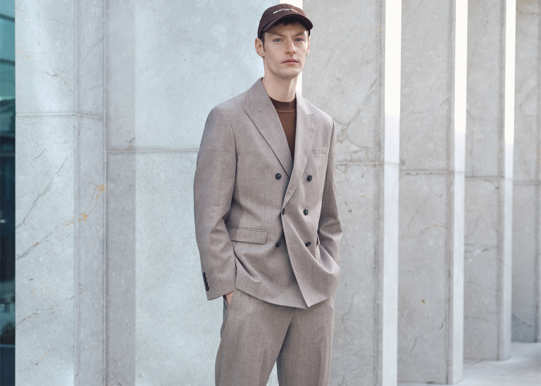 JULY - The Tyler wool / linen double breasted suit is the excellent go to style for a dressed down formal look. Styled here with the lightweight Tray merino wool t-shirt and the Winston cap.